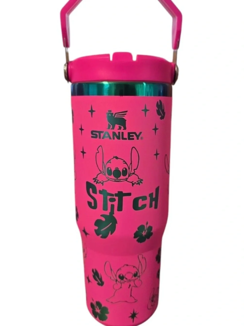New! Stanley Pink Tumbler with Blue Metallic Accents and Stitch Design - Picture 1 of 3